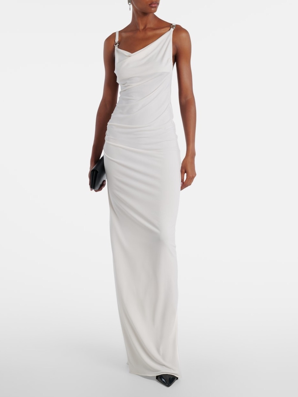 Draped Cowl Neck White Maxi Dress with Shoulder Ring Accents